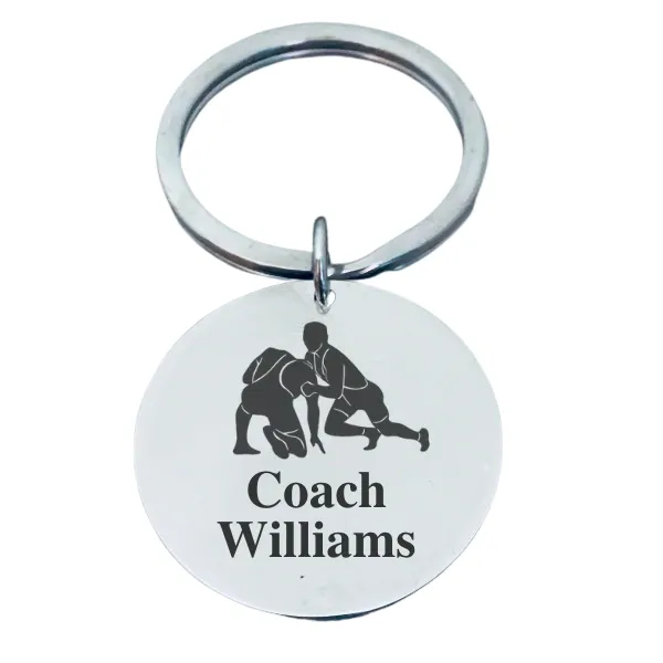 Personalized Engraved Wrestling Coach Keychain - Round - Pick Style