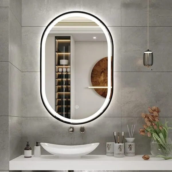 Quality Glass Bathroom LED Mirror with Touch Sensor, 3 Light Effects, Glass, Oval LED-29 (16 x 24 Inch)