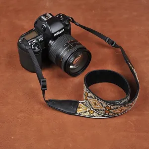 Retro Flower Handmade Leather Camera Strap Black 8461