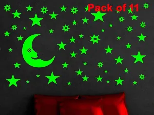 Sage Square Radium Green Color Fluorescent Night Glow in The Dark Star Wall Sticker for Kids Room and Living Room (Pack of 11) (Moon & Star)