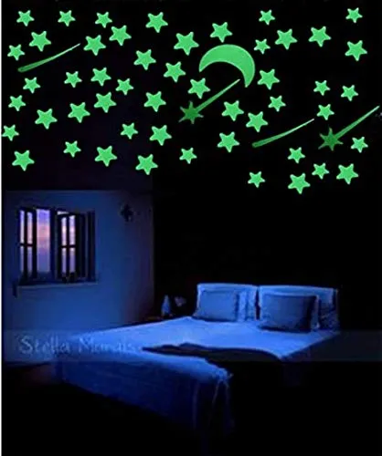 Sage Square Radium Green Color Fluorescent Night Glow in The Dark Star Wall Sticker for Kids Room and Living Room (Pack of 11) (Moon & Star)