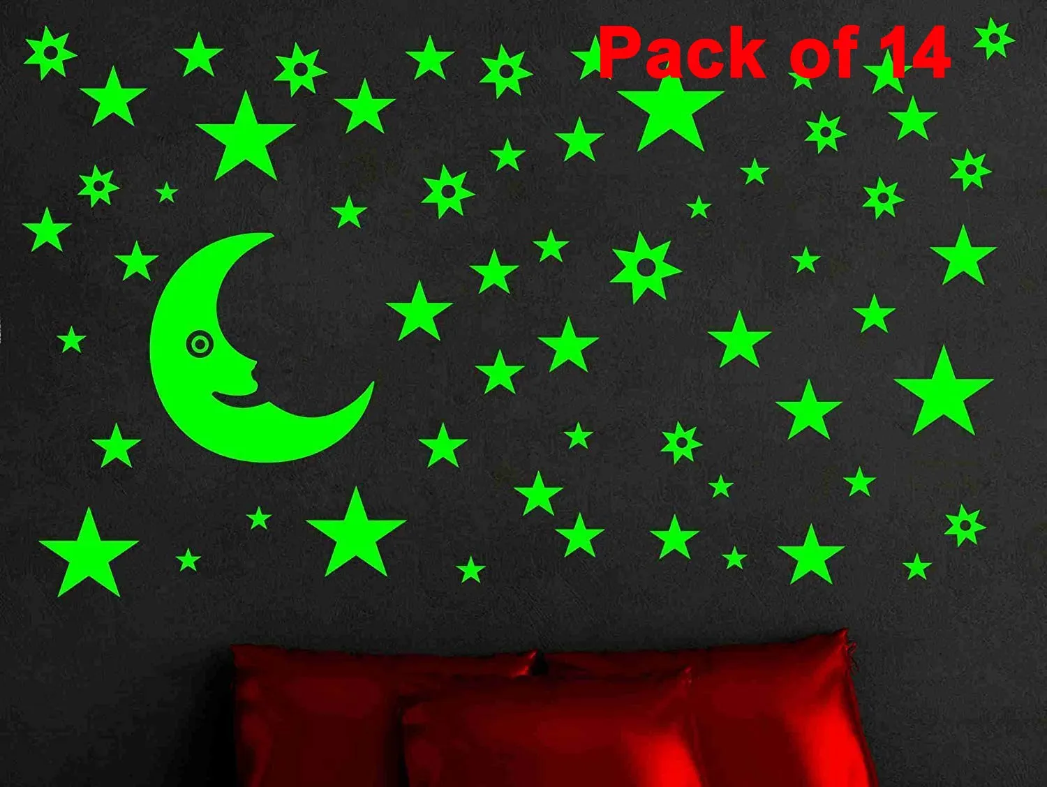 Sage Square Radium Green Color Fluorescent Night Glow in The Dark Star Wall Sticker for Kids Room and Living Room (Pack of 14) (Moon & Star)