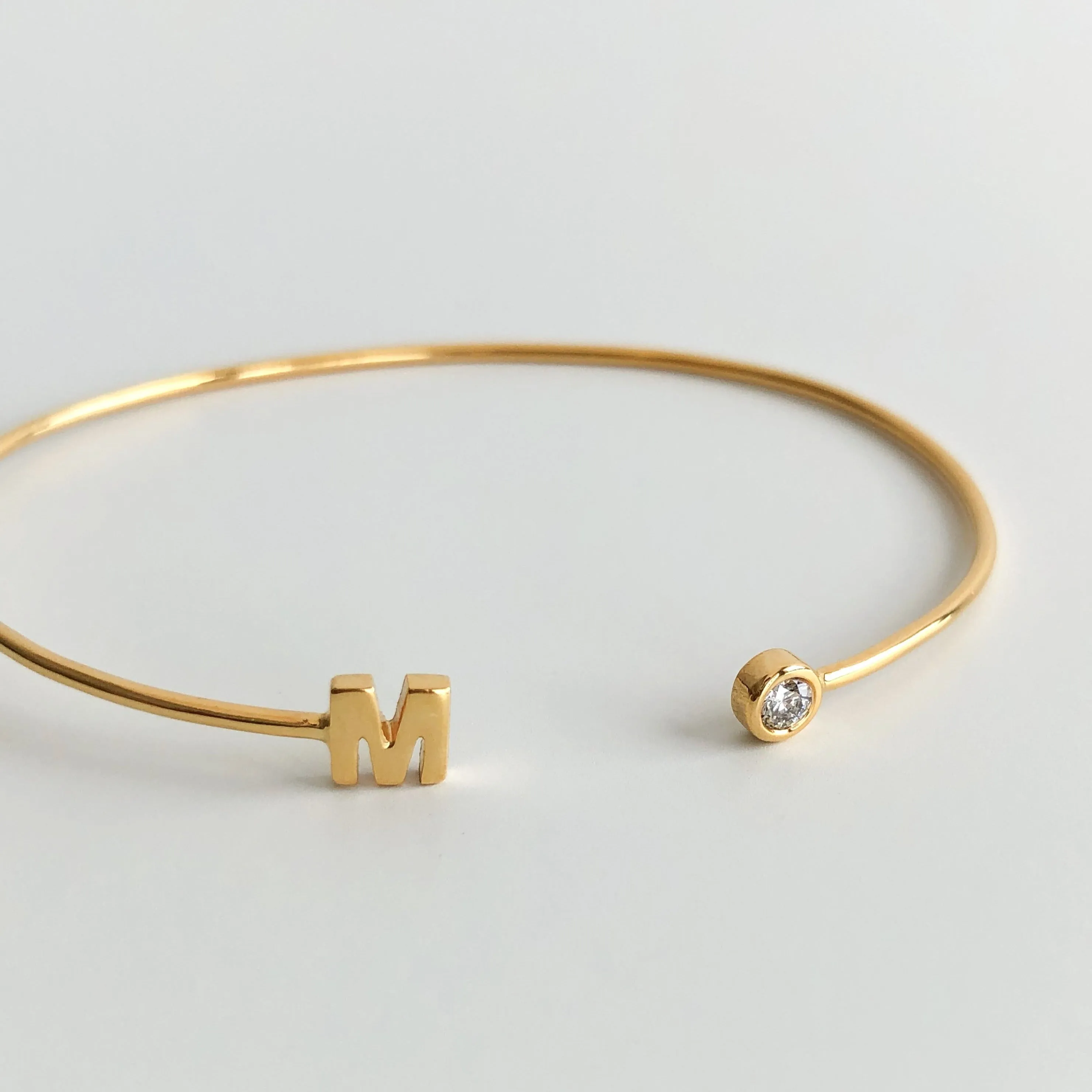 Slim Open Bangle with Initial and Diamond, Solid 14k Gold