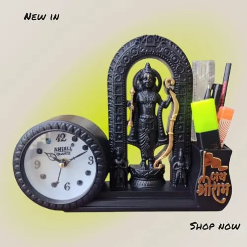 Smart V&I Collection Decorative Table Clock with Lord Shri Ram Lalla Idol with Pen Holder, 12.7 cm