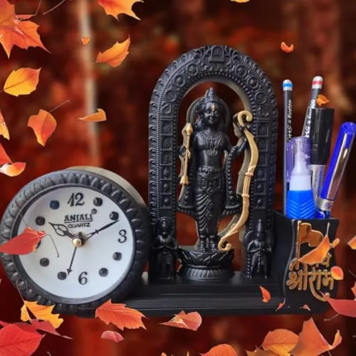 Smart V&I Collection Decorative Table Clock with Lord Shri Ram Lalla Idol with Pen Holder, 12.7 cm