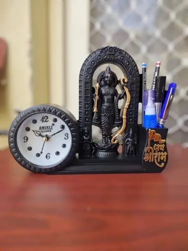 Smart V&I Collection Decorative Table Clock with Lord Shri Ram Lalla Idol with Pen Holder, 12.7 cm