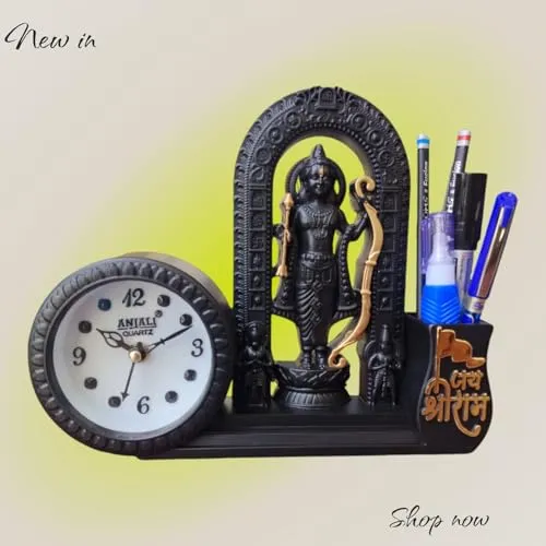 Smart V&I Collection Decorative Table Clock with Lord Shri Ram Lalla Idol with Pen Holder, 12.7 cm