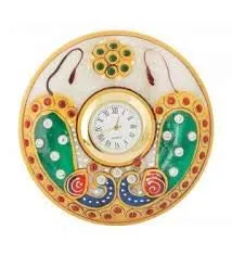 Srajan Handcrafted Meenakari Kundan Work Round Shaped Marble Clock - Ideal for Office & Home Decor - Best for Gifting - (15.24 cm x 15.24 cm)