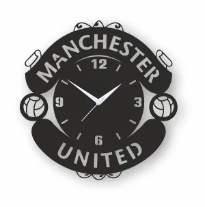 Startle Giftings Merchandise Gifts - Manchester Football Designer MDF Wooden Crest Wall Clock for Living Room, Bedroom, Hall, Kitchen or Offices. Black|GGMU MUFC United|12 * 12 Inch