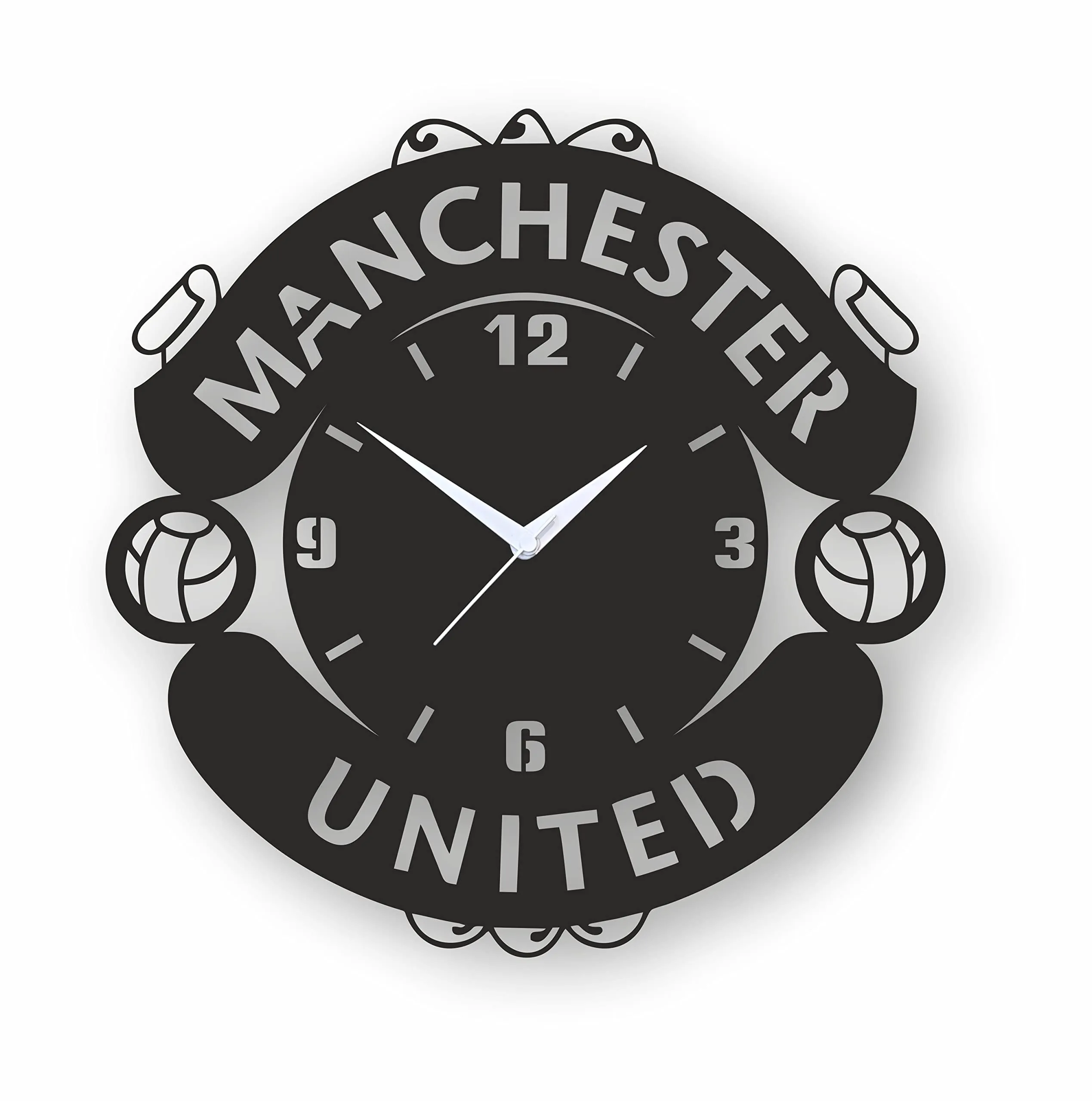 Startle Giftings Merchandise Gifts - Manchester Football Designer MDF Wooden Crest Wall Clock for Living Room, Bedroom, Hall, Kitchen or Offices. Black|GGMU MUFC United|12 * 12 Inch