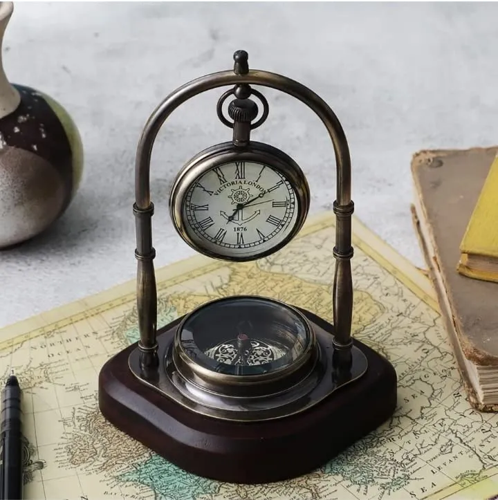 Table Clock with Wooden Compass Stand - Exim Décor Hanging Clock Ship Table Clock Brass Desk Clock Maritime Brass Compass with Antique Victoria London Pocket Watch Finish Antique