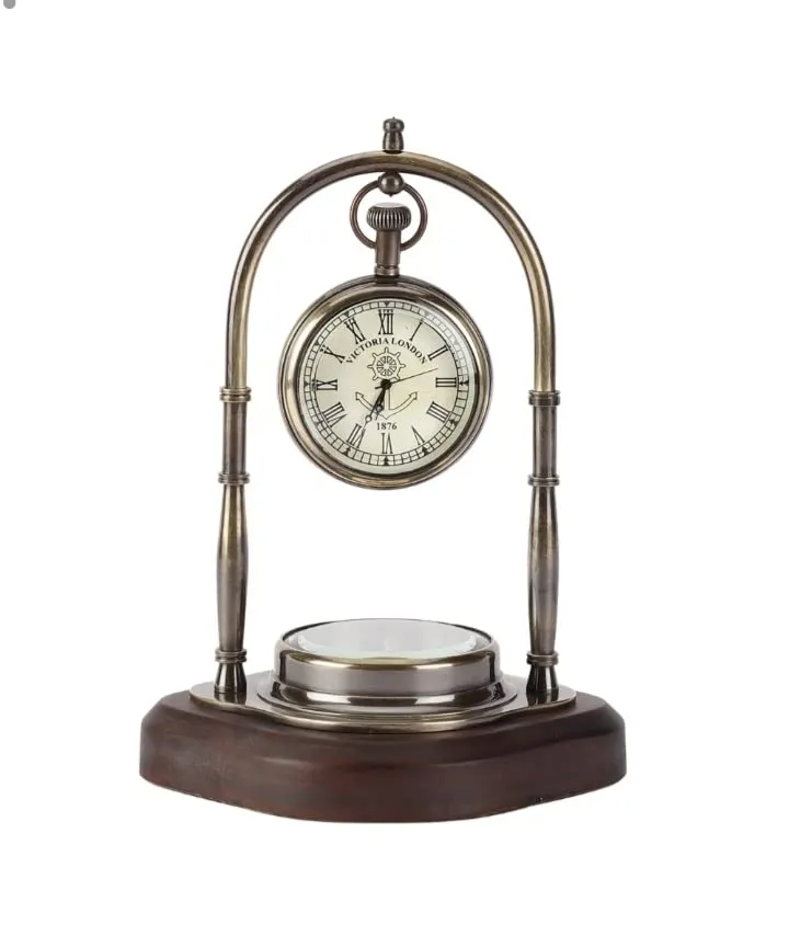 Table Clock with Wooden Compass Stand - Exim Décor Hanging Clock Ship Table Clock Brass Desk Clock Maritime Brass Compass with Antique Victoria London Pocket Watch Finish Antique