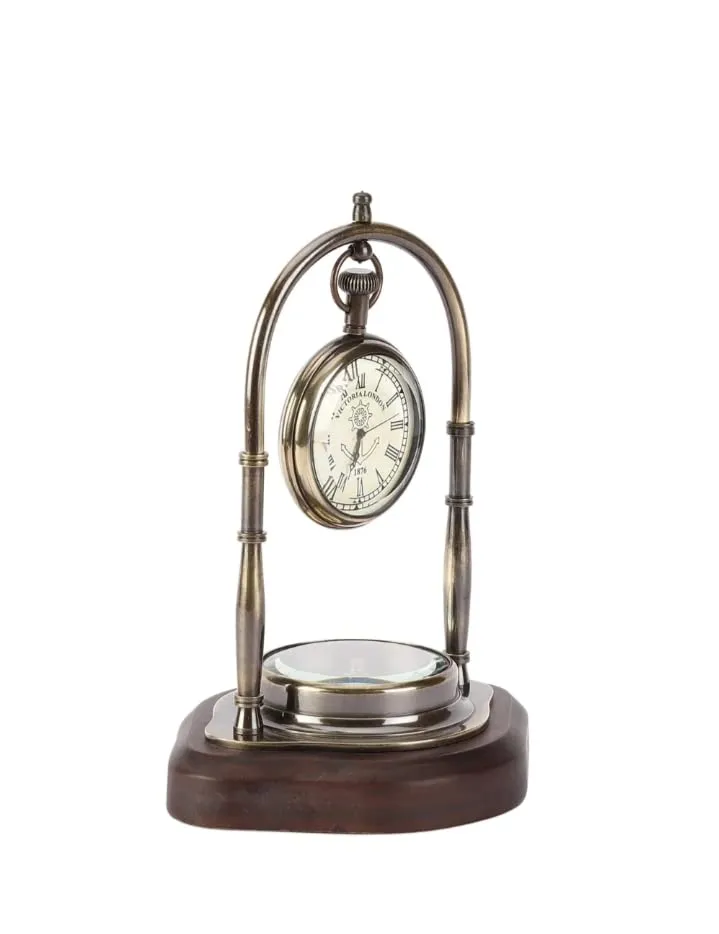 Table Clock with Wooden Compass Stand - Exim Décor Hanging Clock Ship Table Clock Brass Desk Clock Maritime Brass Compass with Antique Victoria London Pocket Watch Finish Antique