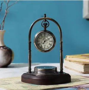 Table Clock with Wooden Compass Stand - Exim Décor Hanging Clock Ship Table Clock Brass Desk Clock Maritime Brass Compass with Antique Victoria London Pocket Watch Finish Antique