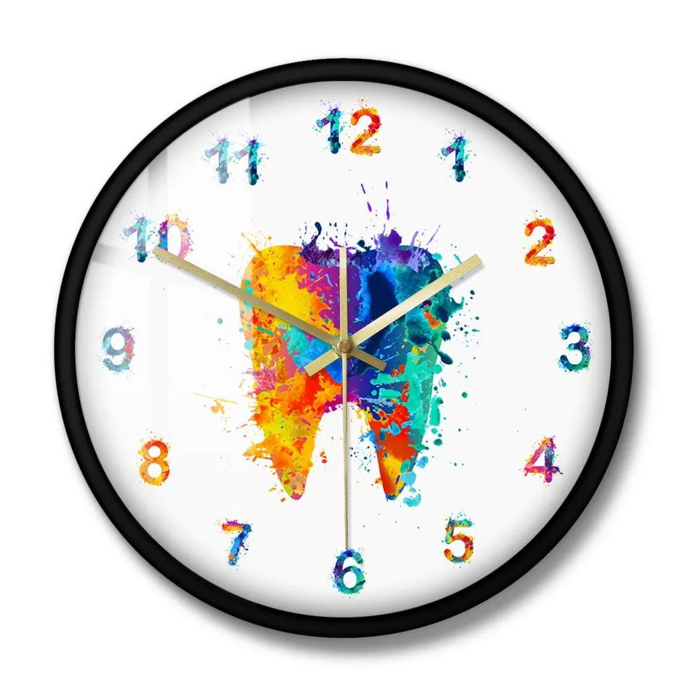 Tooth Watercolour Painting Print Wall Clock Medical Dental Clinic Wall Art Non Ticking Wall Watch Orthodontist Dentist Gift Idea