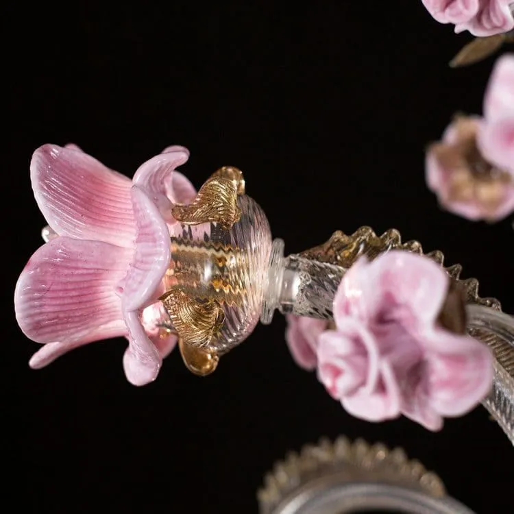 Venetian 2 Tier Glass Chandelier With Floral Pink Glass Elements