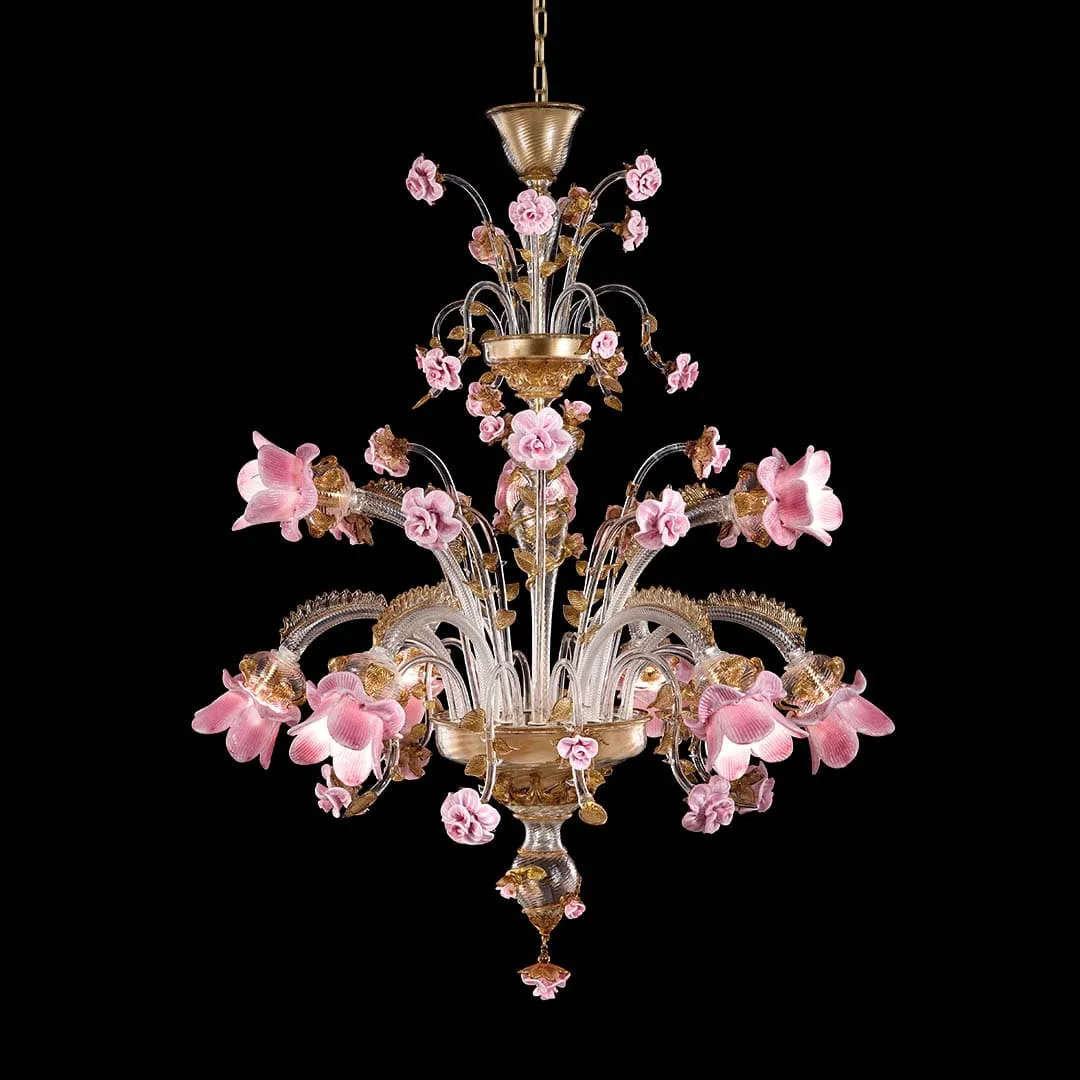 Venetian 2 Tier Glass Chandelier With Floral Pink Glass Elements