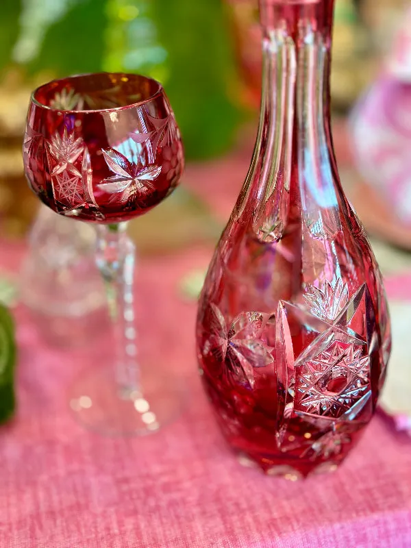 Vintage Decanter and Wine Glass, Bohemian Red and Clear Lead Crystal, Hand Sanded, West Germany