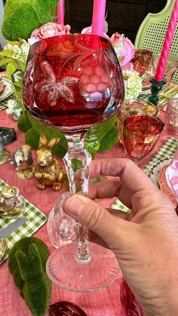 Vintage Decanter and Wine Glass, Bohemian Red and Clear Lead Crystal, Hand Sanded, West Germany