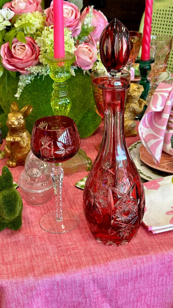 Vintage Decanter and Wine Glass, Bohemian Red and Clear Lead Crystal, Hand Sanded, West Germany