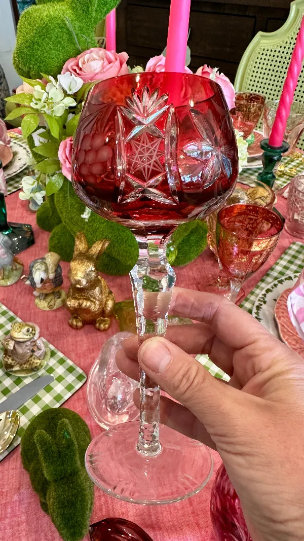 Vintage Decanter and Wine Glass, Bohemian Red and Clear Lead Crystal, Hand Sanded, West Germany