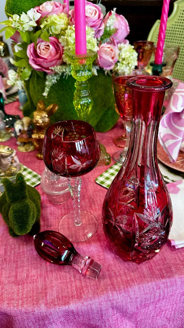 Vintage Decanter and Wine Glass, Bohemian Red and Clear Lead Crystal, Hand Sanded, West Germany