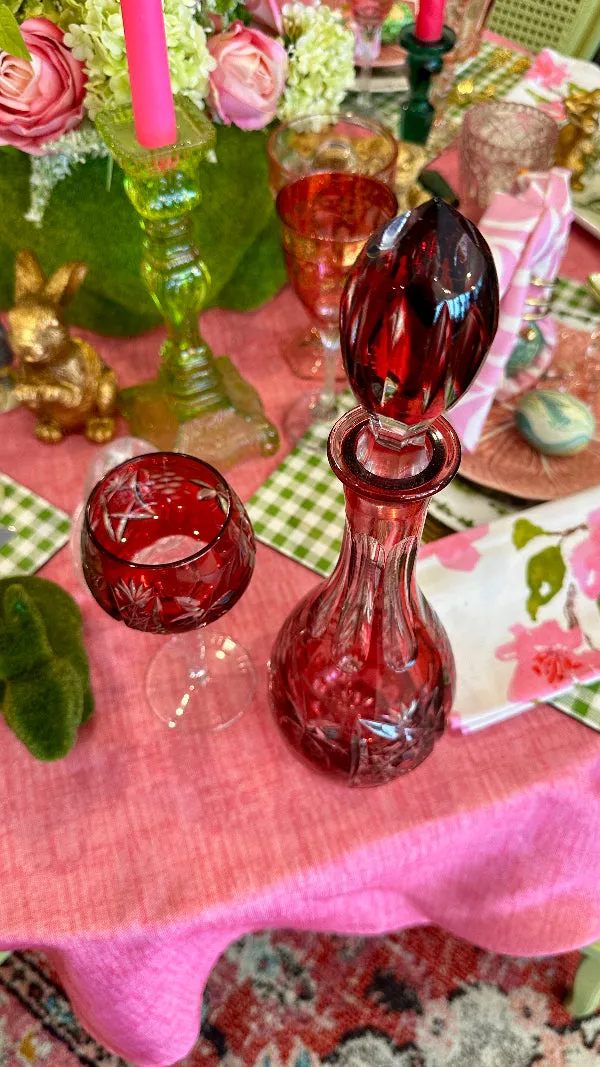 Vintage Decanter and Wine Glass, Bohemian Red and Clear Lead Crystal, Hand Sanded, West Germany