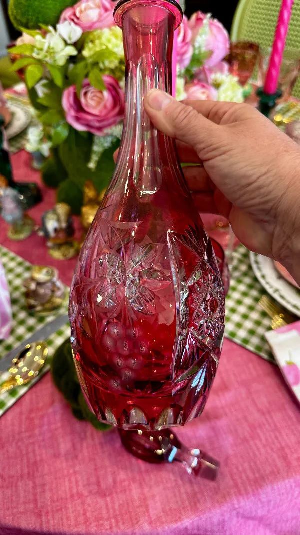 Vintage Decanter and Wine Glass, Bohemian Red and Clear Lead Crystal, Hand Sanded, West Germany