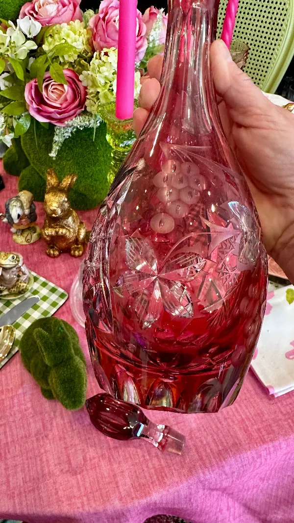 Vintage Decanter and Wine Glass, Bohemian Red and Clear Lead Crystal, Hand Sanded, West Germany