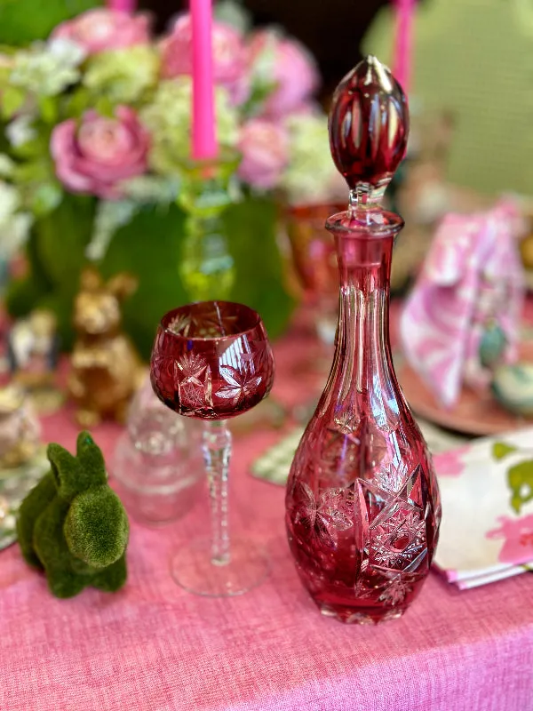 Vintage Decanter and Wine Glass, Bohemian Red and Clear Lead Crystal, Hand Sanded, West Germany