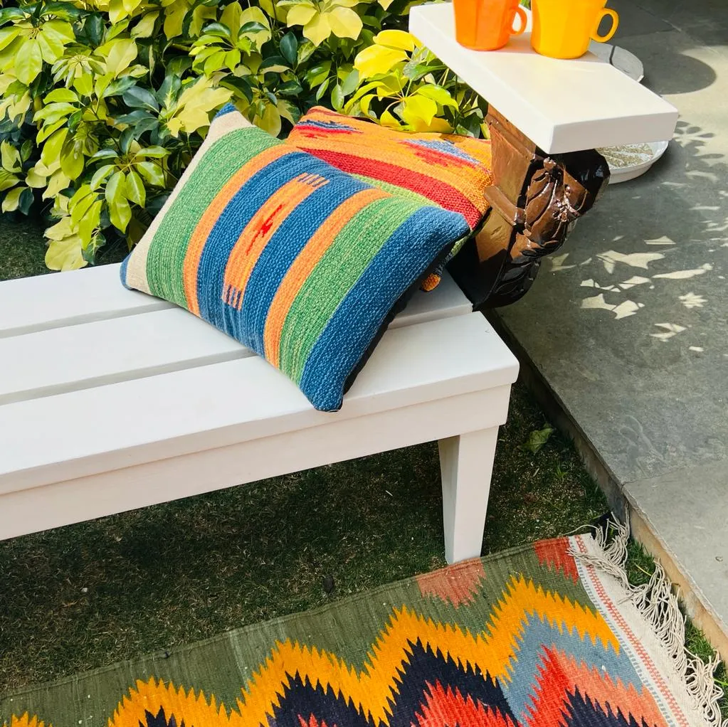 Wooden Bench with Assymetrical Armrest and in White Colour